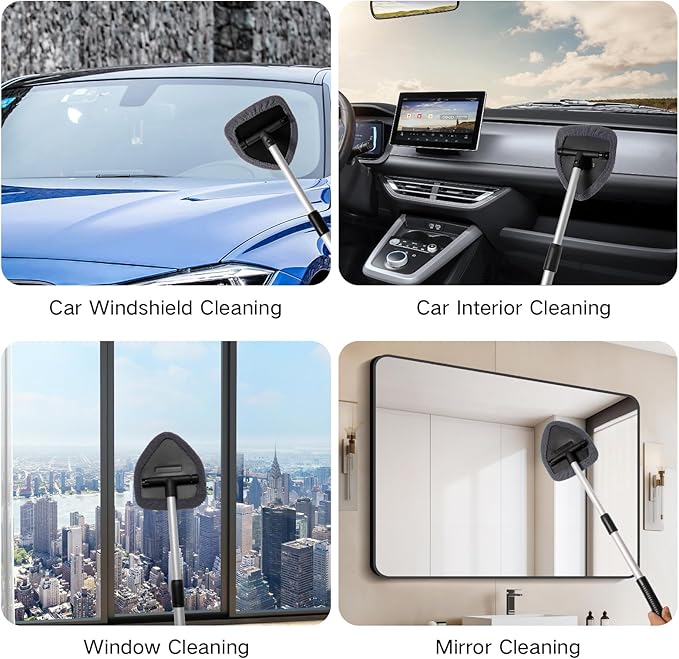 Qydipclin 10pcs Windshield Cleaning Tool Inside Car Window Cleaner Wash Kit with 4 Reusable Microfiber Pads 1 Spray Bottle and Extendable Handle Interior Auto Glass Wiper Kit, Blue&Gray