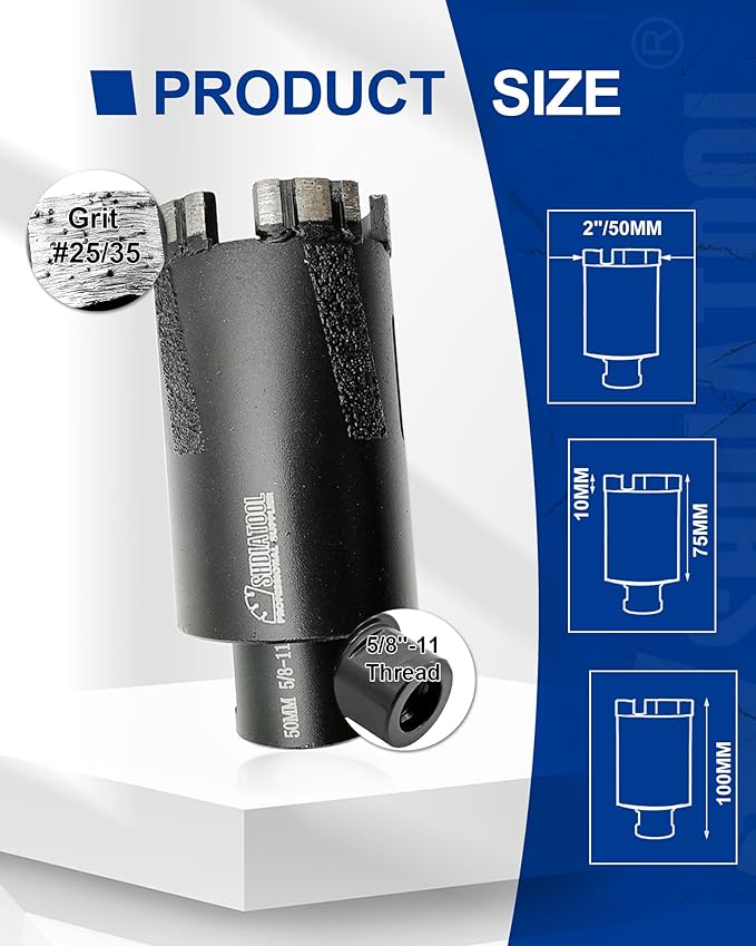 SHDIATOOL Diamond Core Drill Bits 2 Inch/50mm for Hard Stone Concrete Marble Granite Brick Laser Welded Dry or Wet Hole Saws,dril Depth 75MM