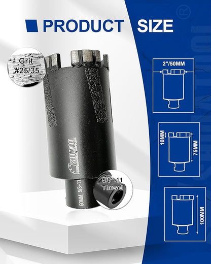 SHDIATOOL Diamond Core Drill Bits 2 Inch/50mm for Hard Stone Concrete Marble Granite Brick Laser Welded Dry or Wet Hole Saws,dril Depth 75MM