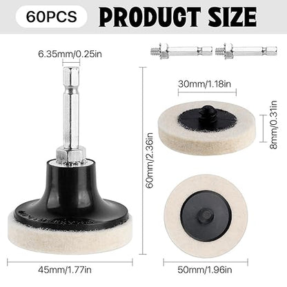 Supkiir 60Pcs 2 Inch Compressed Wool Polishing Wheels, Quick Change Buffing Wheels Sanding Discs with 1/4" Holder for Wood Metal Surface Burr Rust Paint Removal Restoration