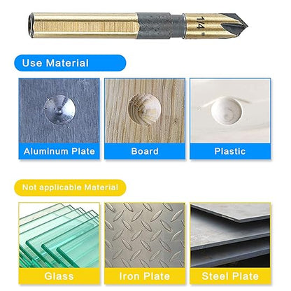 Countersink Drill Bit Set, 5 Pieces High Speed Steel 82 Degree 5 Flute 6mm Round Shank Mill Cutter Bit Countersink in Sizes 1/4" Set with Carrying Case.