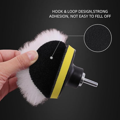 Wool Buffing Polishing Pad, SPTA 3 Inch (75mm) Lambwool Wool Buffing polishing Pads With Pad Clean Tool, 6 Pcs Kit with Hook & Loop 5/8"-11 Thread Drill Adapter for Car Polishing and Buffing QA0798SET