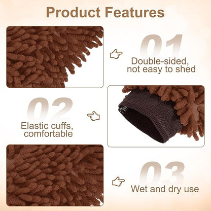 HARFINGTON Chenille Microfiber Car Wash Mitts 9.8" x 7.9" Scratch Free Wash Gloves Absorbent Double Sided Plush Cleaning Drying Mitts for Car Washing Home Brown