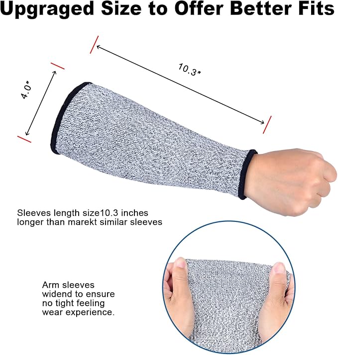 ReHaffe 2 Pairs Forearm Protector Sleeve Cut Resistant Level 5 Protection,10" Long Arm Sleeves Comfort Stretchable Arm Guards Thin Skin for Women Men Work(1 Black + 1 Gray)