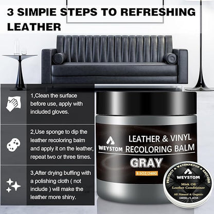8.5 OZ Leather Recoloring Balm with 100ML Leather Conditioner - Gray Leather Repair Kit for Furniture, Leather Dye, Recolor, Renew, Repair & Restore Aged, Faded, Cracked, Peeling and Scuffed Leather