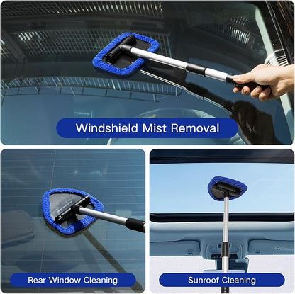 Qydipclin 10pcs Windshield Cleaning Tool Inside Car Window Cleaner Wash Kit with 4 Reusable Microfiber Pads 1 Spray Bottle and Extendable Handle Interior Auto Glass Wiper Kit, Multicolor