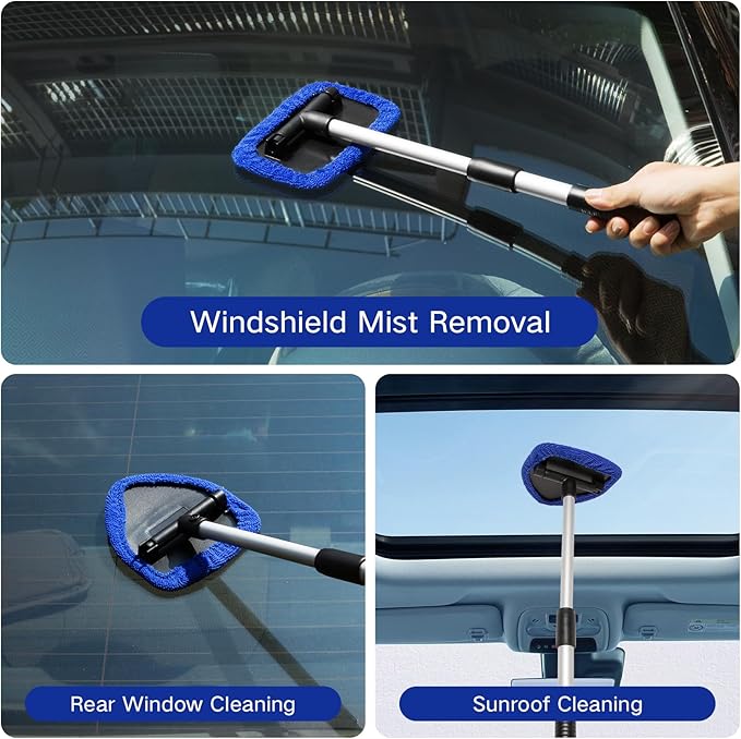 Qydipclin 10pcs Windshield Cleaning Tool Inside Car Window Cleaner Wash Kit with 4 Reusable Microfiber Pads 1 Spray Bottle and Extendable Handle Interior Auto Glass Wiper Kit, Blue