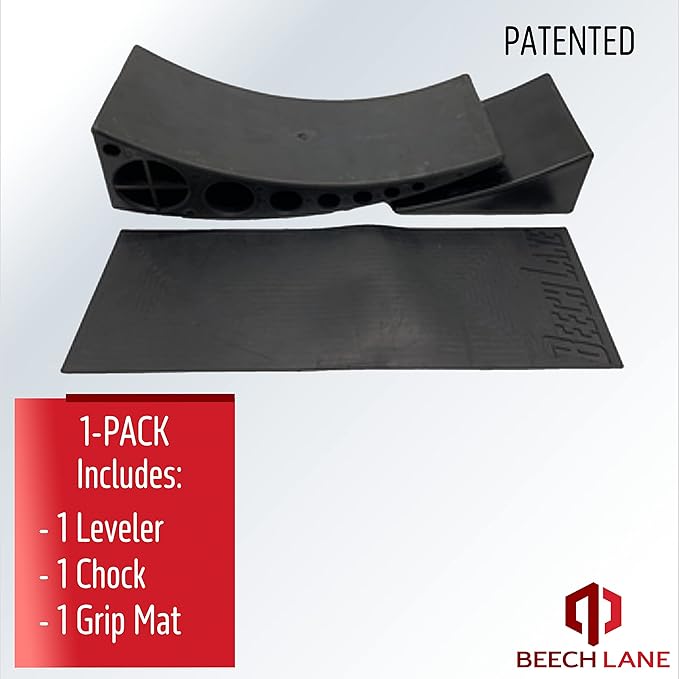 Beech Lane Camper Leveler 1 Pack - Precise Camper Leveling, Includes One Curved Leveler, One Chock, and One Rubber Grip Mat, Heavy Duty Leveler Works for Campers Up to 35,000 LBs, Patented