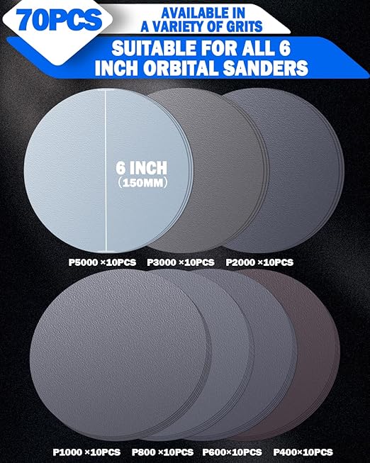 70Pcs 6 Inch Wet Dry Sanding Paper Discs Hook and Loop, 5000 3000 2000 1000 800 600 400 Fine Grit Sandpaper for DA Random Orbital Sander, Sandpaper Assortment for Automotive Wood Metal Glass Polishing