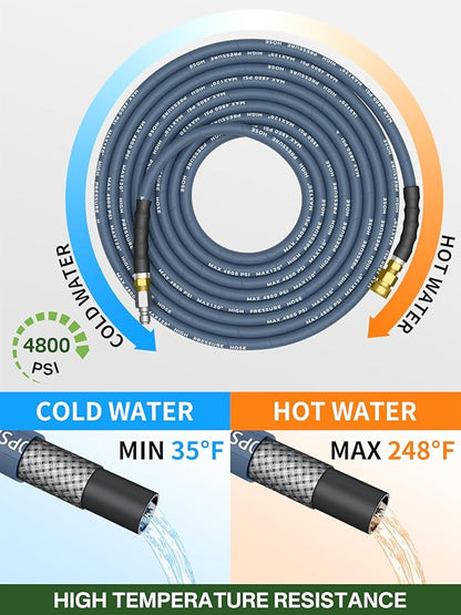 3/8" 4800PSI Pressure Washer Hose 125FT with Swivel Quick Connect for Cold/Hot Water Max 248°F, Kink Resistant Steel Wire Braided, Wear Resistant Power Washer Hose with M22 14mm Adapter