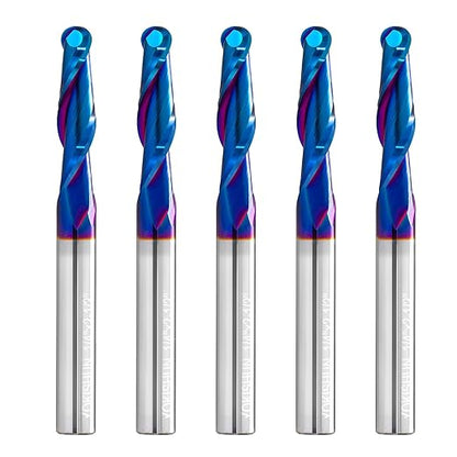5 PCS CNC Router bits 1/4inch Shank Carbide Ball Nose End Mill with Nano Blue Coating for Side Milling,End Milling,Finish Machining (1/4" x1/4" x2-1/2)