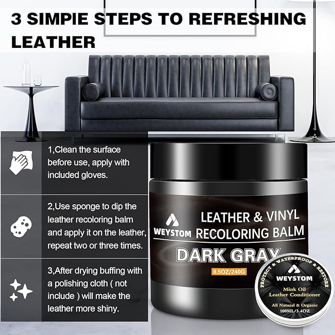 8.5 OZ Leather Recoloring Balm with 100ML Leather Conditioner - Dark Gray Leather Repair Kit for Furniture, Leather Dye, Recolor, Renew, Repair & Restore Aged, Faded, Cracked, Peeling and Scuffed