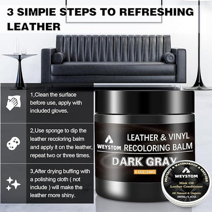 8.5 OZ Leather Recoloring Balm with 100ML Leather Conditioner - Dark Gray Leather Repair Kit for Furniture, Leather Dye, Recolor, Renew, Repair & Restore Aged, Faded, Cracked, Peeling and Scuffed
