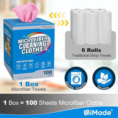 Microfiber Cleaning Cloth, 100 Sheets Microfiber Towels for Cars Commercial Grade Shop Towel Washcloths Lint-Free Bulk Cleaning Rags for Mechanic Restaurant Garage Housekeeping, 11"x 9", Pink