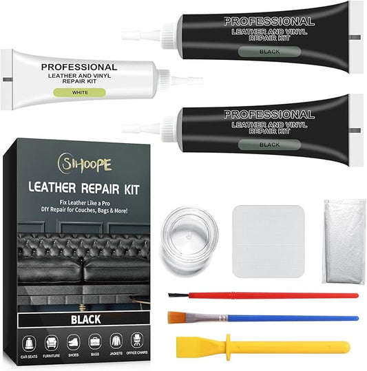 SIHOOPE Car Leather Repair Kit for Furniture, Vinyl Repair Kit for Car Interiors Seat, Leather Filler, Fixes Tears, Holes, Scratches and Peeling, Restores Faux, Artificial, and Genuine Leather (Black)