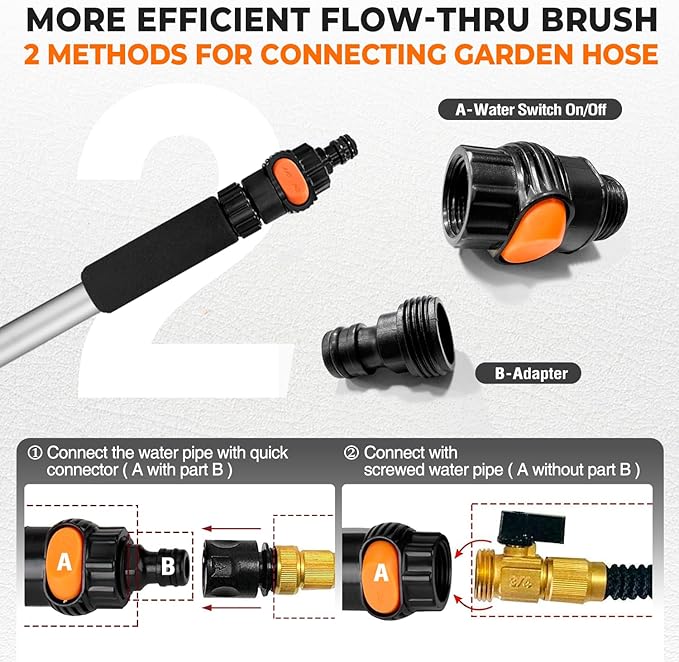 72" Car Wash Brush with Long Handle, Flow-Thru Soft Bristle Car Washing Brush with Extendable Handle and Hose Attachment and On/Off Switch for Car, RV, SUV, Truck, Boat, House Siding