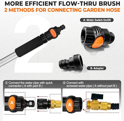 72" Car Wash Brush with Long Handle, Flow-Thru Soft Bristle Car Washing Brush with Extendable Handle and Hose Attachment and On/Off Switch for Car, RV, SUV, Truck, Boat, House Siding