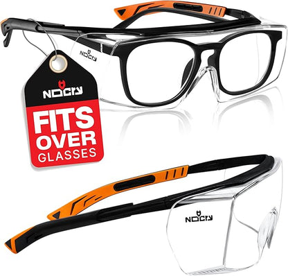 NoCry Safety Glasses Over Eyeglasses for Men and Women with Anti Scratch Lenses and Integrated Side Shields — Adjustable Temples with Anti-Slip Tips — 100% UV Protective Eyewear — ANSI Z87 Certified