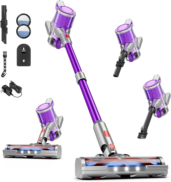 Vaconly Cordless Vacuum Cleaner, 8 in 1 40Kpa 55Mins,Lightweight Vacuum Cleaners for Home, Stick Vacuum with Anti-Tangle Brush,Wall Mount, Rechargeable Cordless Vacuum for Floor/Sofa/Pet Hair,Purple