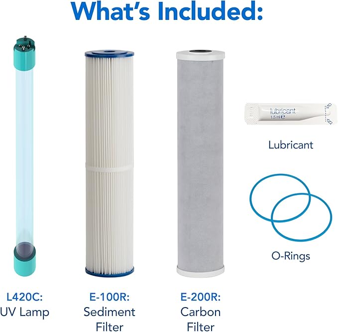 Kind Water Whole House Replacement Filter Set – Sediment, Carbon Block & UV Replacement Lamp – Fits E-3000 System and E-1000 System – Maintain Clean, Safe Water – Easy 1-Year Kit