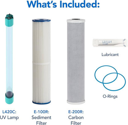 Kind Water Whole House Replacement Filter Set – Sediment, Carbon Block & UV Replacement Lamp – Fits E-3000 System and E-1000 System – Maintain Clean, Safe Water – Easy 1-Year Kit
