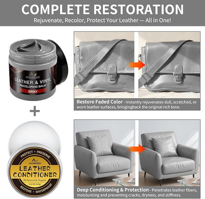 SHABEIBEI Leather Recoloring Balm with 100ml Mink Oil, Gray Leather Repair Kit and Scratch Remover for Furniture, Car Seats, Sofas, Dye & Restorer for Couches, Vinyl, PU, Faux