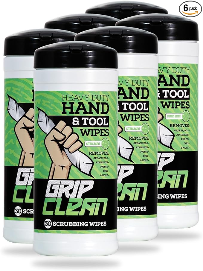 Grip Clean Heavy Duty Hand & Tool Cleaning Wipes – Waterless Hand Cleaner for Mechanics, Garage & Shop Use – Dual-Sided Grease, Oil & Paint Remover Wipes with Citrus Scent - 30ct (6 Pack)