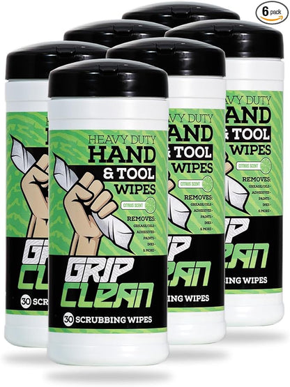 Grip Clean Heavy Duty Hand & Tool Cleaning Wipes – Waterless Hand Cleaner for Mechanics, Garage & Shop Use – Dual-Sided Grease, Oil & Paint Remover Wipes with Citrus Scent - 30ct (6 Pack)