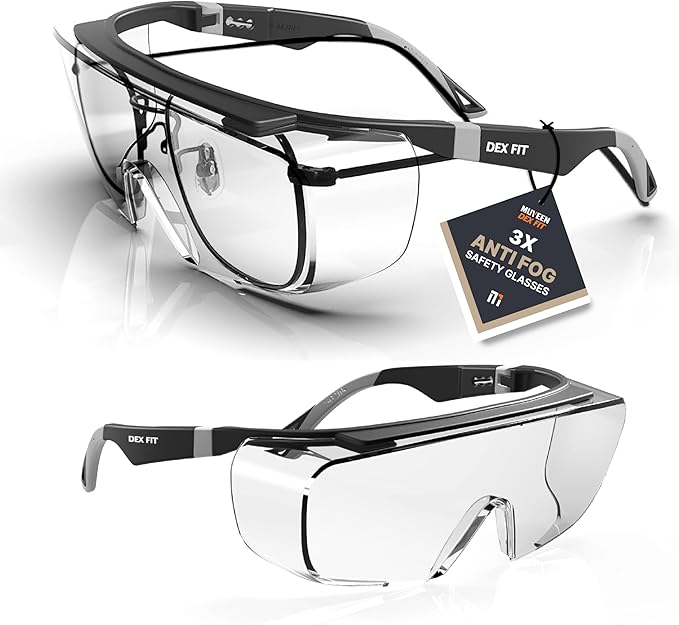 DEX FIT Safety Over Glasses SG210 OTG; Fit Over Your Eyewear, Z87 Eye Protection, 3X Fog & Scratch Resistant, Adjustable for Women & Men, UV Protective (Black & Grey Frame, Clear Lens)