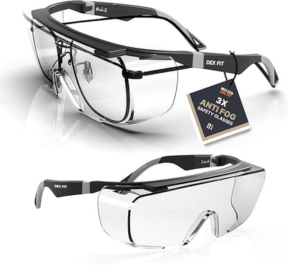 DEX FIT Safety Over Glasses SG210 OTG; Fit Over Your Eyewear, Z87 Eye Protection, 3X Fog & Scratch Resistant, Adjustable for Women & Men, UV Protective (Black & Grey Frame, Clear Lens)