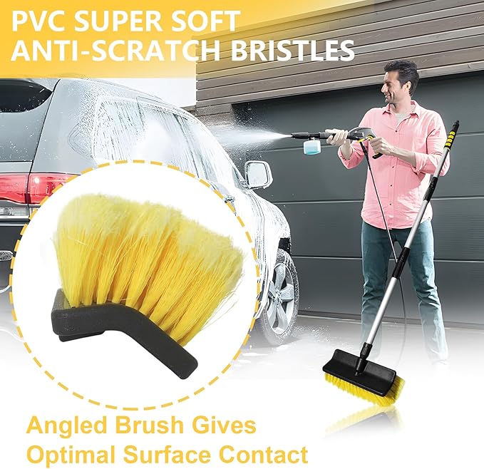 Car Wash Brush with 65'' Long Handle, Soft Bristle Car Washing Brush with Detachable Handle and Hose Attachment for RV, Boat, Car, House Siding, Floors