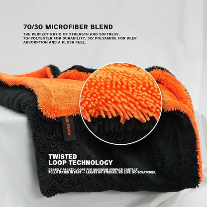 X- Large Car Drying Towel, 36x24 Microfiber Towels for Cars, 1300 GSM, 70/30 Blend, Dual-Sided Highly Absorbent Twisted-Loop Edgeless Car Detailing Cloth, Scratch/Streak-Free [Orange/Black]