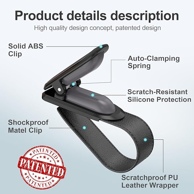 Veharvim Sunglass Holder for Car (One-Handed-Operation, Gentle & Secure Hold, Silicone Padded, Universal Fit, Metal Clip) Visor Sunglass Holder Clip,Visor Sunglass Holder Car (Black & Silver, 4 Pack)