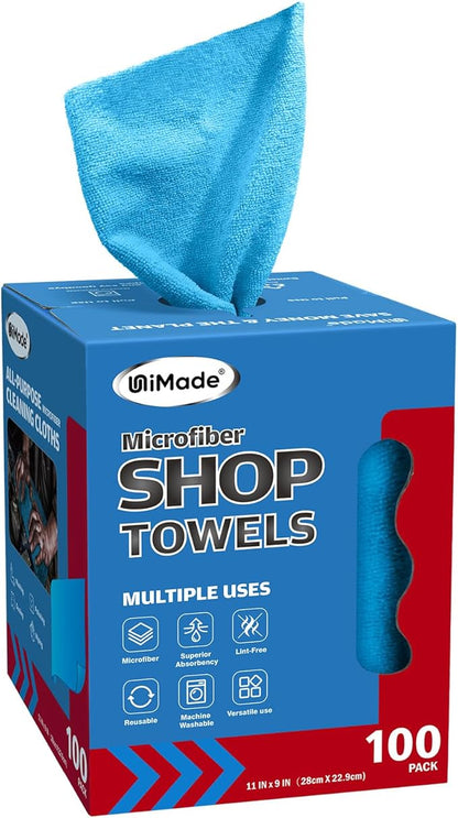 Shop Towels, 100 Sheets Microfiber Cleaning Cloth Commercial Grade Washcloths Lint-Free Bulk Shops Rags for Cars Mechanic Restaurant Garage Housekeeping, 11"x 9", Blue