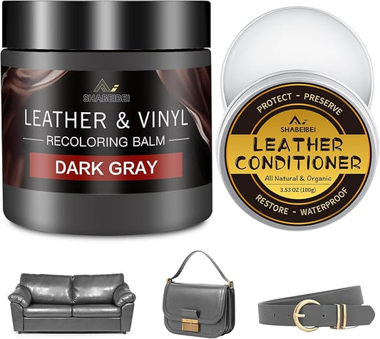 SHABEIBEI Leather Recoloring Balm with 100ml Mink Oil, Dark Gray Leather Repair Kit and Scratch Remover for Furniture, Car Seats, Sofas, Dye & Restorer for Couches, Vinyl, PU, Faux