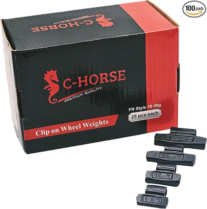 C-HORSE 100Pcs FN Series Clip on Wheel Weights Black Coated Assortment for Japanese Cars Hammer Type Rim Balancers, 10G, 15G, 20G, 30G, 25pcs for Each Size Fit for Steel Wheel (FN Style, 0.25-1)