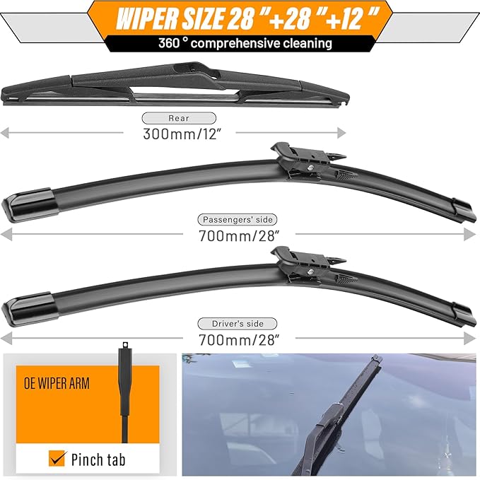 AUTOBOO 28"+28" Windshield Wipers with 12 Inch Rear Wiper Blade Replacement for Ford Focus 2012 2013 2014 2015 2016 2017 2018 -Original Factory Quality (Pack of 3)