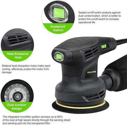 GALAX PRO 280W 13000OPM Max 6 Variable Speeds Orbital Sander with 15Pcs Sanding Discs, 5” electric Sander with Dust Collector for Sanding and Polishing