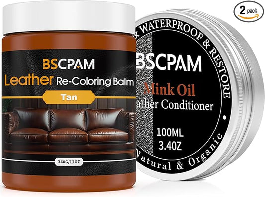 BSCPAM 12oz Leather Recoloring Balm & 3.4oz Mink Oil Leather Conditioner kit,Tan Leather Color Repair Kits for Couches, Leather Couch Paint Scratch Repair for Furniture Car Sofa Shoes Leather Dye