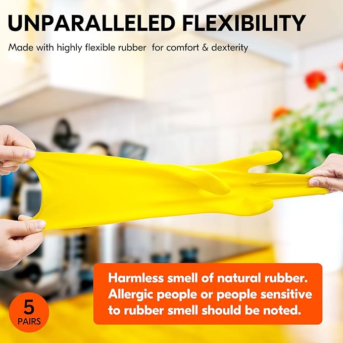 Vgo... 5-Pairs Reusable Household Gloves, Rubber Dishwashing gloves, Extra Thickness, Long Sleeves, Kitchen Cleaning, Working, Painting, Gardening, Pet Care (Size L, Yellow, HH4601)