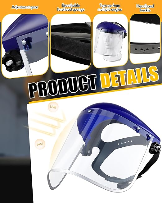 Copkim Safety Face Shield for Grinding and Cutting with 10 Pcs Replacement Clear Visor Full Impact Resistant Face Shield Protection Mask for Work Construction Weed Whacking Woodworking (Aluminum Edge)