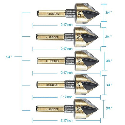 Countersink Drill Bit Set, 5 Pieces High Speed Steel 82 Degree 5 Flute 6mm Round Shank Mill Cutter Bit Countersink in Sizes 3/4" Set with Carrying Case.