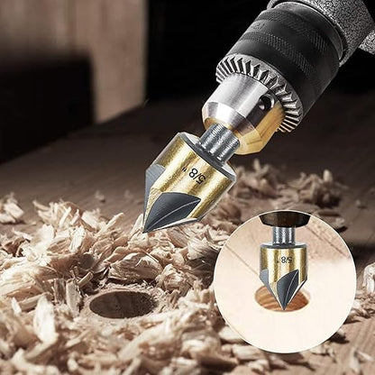 Countersink Drill Bit Set, 5 Pieces High Speed Steel 82 Degree 5 Flute 6mm Round Shank Mill Cutter Bit Countersink in Sizes 3/4" Set with Carrying Case.