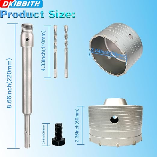 3-1/2" Concrete Hole Saw, 90mm Tungsten Steel Core Bit for Cinder Block, Brick, Rock, Plank Walls for Pipes or mini Split Lines, with SDS Plus Shank and 2 Center Positioning Drill Bits.