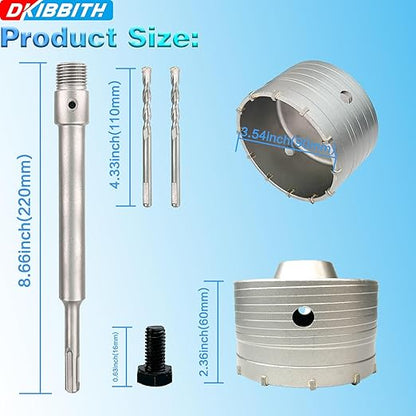 3-1/2" Concrete Hole Saw, 90mm Tungsten Steel Core Bit for Cinder Block, Brick, Rock, Plank Walls for Pipes or mini Split Lines, with SDS Plus Shank and 2 Center Positioning Drill Bits.