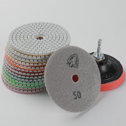 DIAPICK TOOLS Diamond Polishing Pads 4 Inch Wet Dry Set 9 Pieces for Concrete Marble Quartz Stone Countertop Granite Polishing and Sanding disc Include 5/8"-11thread Backer pad and Drill Adapter