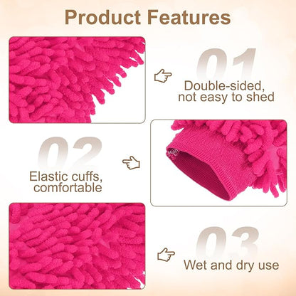 HARFINGTON Chenille Microfiber Car Wash Mitts 9.8" x 7.9" Scratch Free Wash Gloves Absorbent Double Sided Plush Cleaning Drying Mitts for Car Washing Home Rose Red
