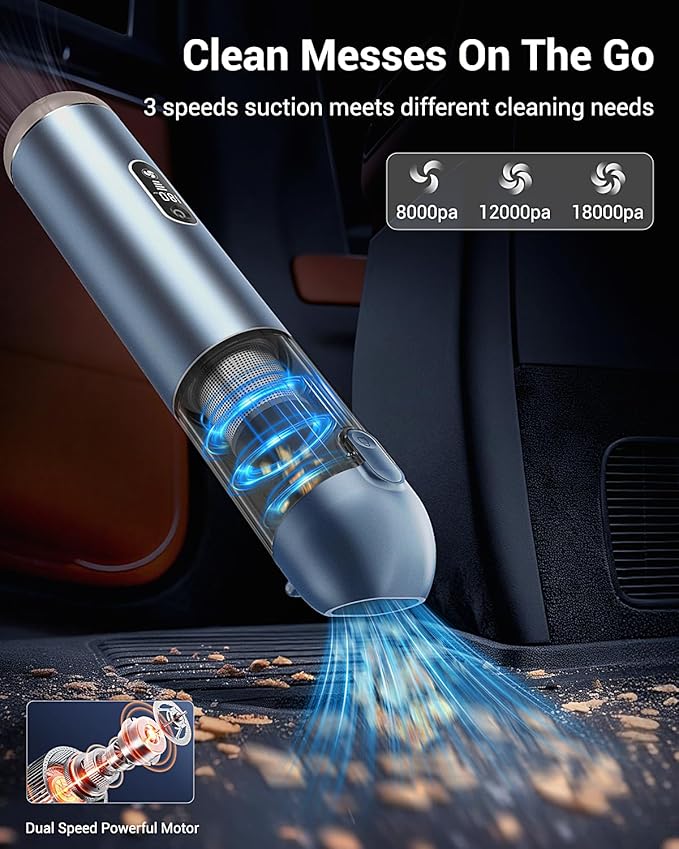 Handheld Vacuum, Powerful 18000pa Car Vacuum with Brushless Motor, Portable Hand Held Vacuum with 3 Speed Modes, 5- in-1 Mini Cordless Vacuum Cleaner with White LED & Red Flash for home/Car/Office