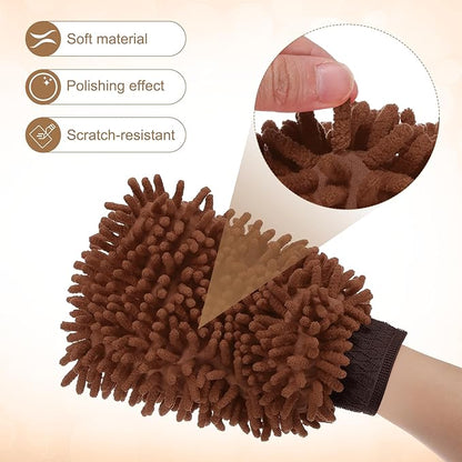 HARFINGTON Chenille Microfiber Car Wash Mitts 9.8" x 7.9" Scratch Free Wash Gloves Absorbent Double Sided Plush Cleaning Drying Mitts for Car Washing Home Brown