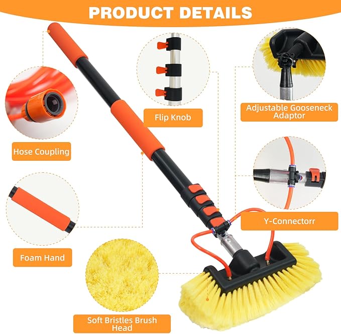 12FT/144inch Car Wash Brush with Long Handle Water Fed Telescopic Pole with Angle Adapter 12" Soft and Hard Bristle Cleaning Tool for Car Truck RV House Floor Window Glass Roof Pool